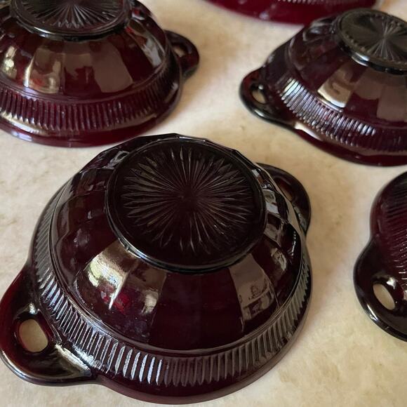 Vtg Coronation-Royal Ruby Handled Salad 7 PC Set Anchor Hocking Depression Glass - Picture 7 of 11